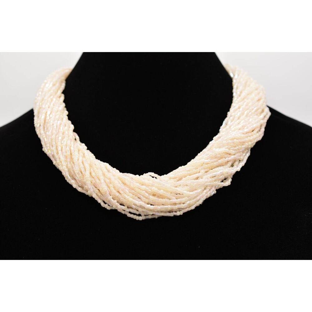 Vintage Beaded Collar Necklace Iridescent White Beaded Strand Chunky Bridal Bin1